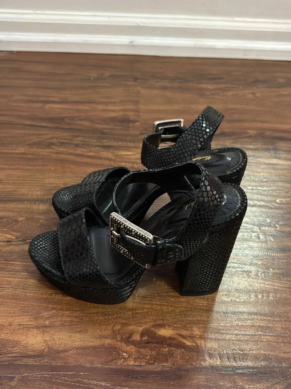 Black Snakeskin Platform Block Heels
